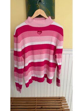 Shiny By Nature Striped Pink & White Ribbed Cotton Sweater  Heart Detail 4XL